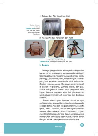 Prakarya
19
1) Bahan dan Alat Kerajinan Kulit
2) Aneka Produk Kerajinan dari Kulit
f.	 Logam
Sebagai pengetahuan, kamu perlu mengetahui
bahwa bahan buatan yang termasuk dalam kategori
logam juga banyak macamnya, seperti: emas, perak,
perunggu, aluminium, besi, dan kuningan. Daerah
penghasil kerajinan emas terdapat di Kalimantan
Selatan maupun Jawa. Kerajinan perak terdapat
di daerah Yogyakarta, Sumatra Barat, dan Bali.
Untuk mengetahui daerah asal penghasil jenis
logam lainnya, gunakan rasa keingintahuanmu
untuk dapat memperoleh informasi dari berbagai
sumber.
	Bahan alam logam banyak dibuat sebagai
perhiasan atau aksesori kemudian berkembang pula
sebagai benda hias dan fungsional lainnya, seperti:
gelas, teko, nampan, wadah serbaguna bahkan
sampai piala sebagai simbol kejuaraan. Logam
memiliki sifat keras sehingga dalam pengolahannya
memerlukan teknik yang tidak mudah, seperti diolah
dengan teknik bakar/pemanasan dan tempa.
(sumber: Dokumen Kemdikbud)
Gambar 1.28 Aneka produk kerajinan dari kulit
(Sumber: Dokumen
Kemdikbud)
Gambar 1.27 Bahan
kulit dan alat pahat
untuk pembuatan
kerajinan.
 