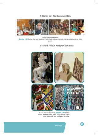 Prakarya
21
1) Bahan dan Alat Kerajinan Batu
2) Aneka Produk Kerajinan dari Batu
(Sumber: Dokumen Kemdikbud)
Gambar 1.31 Bahan dan alat kerajinan batu: batu-batuan, gerinda, dan produk kerajinan batu
paras.
(Sumber: Dokumen Kemdikbud) Gambar 1.32 Aneka
produk kerajinan batu: batu yang dipahat, batu
yang digerinda, dan batu yang dironce.
 