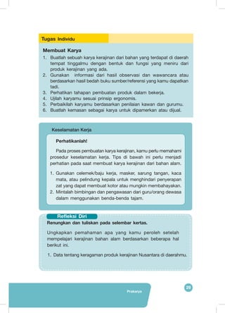 Prakarya
29
Membuat Karya
1.	 Buatlah sebuah karya kerajinan dari bahan yang terdapat di daerah
tempat tinggalmu dengan bentuk dan fungsi yang meniru dari
produk kerajinan yang ada.
2.	 Gunakan informasi dari hasil observasi dan wawancara atau
berdasarkan hasil bedah buku sumber/referensi yang kamu dapatkan
tadi.
3.	 Perhatikan tahapan pembuatan produk dalam bekerja.
4.	 Ujilah karyamu sesuai prinsip ergonomis.
5.	 Perbaikilah karyamu berdasarkan penilaian kawan dan gurumu.
6.	 Buatlah kemasan sebagai karya untuk dipamerkan atau dijual.
Tugas Individu
	 Keselamatan Kerja
Perhatikanlah!
Pada proses pembuatan karya kerajinan, kamu perlu memahami
prosedur keselamatan kerja. Tips di bawah ini perlu menjadi
perhatian pada saat membuat karya kerajinan dari bahan alam.
1.	 Gunakan celemek/baju kerja, masker, sarung tangan, kaca
mata, atau pelindung kepala untuk menghindari penyerapan
zat yang dapat membuat kotor atau mungkin membahayakan.
2.	 Mintalah bimbingan dan pengawasan dari guru/orang dewasa
dalam menggunakan benda-benda tajam.
Renungkan dan tuliskan pada selembar kertas. 	
Ungkapkan pemahaman apa yang kamu peroleh setelah
mempelajari kerajinan bahan alam berdasarkan beberapa hal
berikut ini.
1.	 Data tentang keragaman produk kerajinan Nusantara di daerahmu.
Refleksi Diri
 