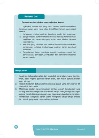 42
Kelas VII SMP/MTs Edisi Revisi Semester I
Renungkan dan tuliskan pada selembar kertas! 	
Ungkapkan manfaat apa yang kamu peroleh setelah mempelajari
kerajinan bahan alam yang telah dimodifikasi terkait aspek-aspek
berikut.
1.	 Keragaman produk kerajinan daerahmu sendiri dan Nusantara.
2.	 Belajar melalui sumber/referensi bacaan tentang kerajinan hasil
modifikasi dari bahan alam yang sudah kamu lakukan bersama
kelompokmu.
3.	 Kesulitan yang dihadapi saat mencari informasi dan melakukan
pengamatan terhadap produk karya kerajinan bahan alam hasil
modifikasi.
4.	 Pengalaman dalam membuat produk kerajinan (mulai dari
perencanaan, persiapan, pembuatan dan pameran/pemasaran)
secara mandiri.	
Refleksi Diri
1.	 	Kerajinan bahan alam atas dari tanah liat, serat alam, kayu, bambu,
rotan, batu, logam, paduan bahan alam, dan masih banyak bahan
alam lainnya.
2.	 	Produk kerajinan bahan alam beraneka ragam yang tersebar di 34
provinsi di Indonesia.
3.	 	Modifikasi adalah cara mengubah bentuk sebuah benda dari yang
kurang menarik menjadi lebih menarik tanpa menghilangkan fungsi
aslinya, dapat dilakukan dengan cara digayakan dan disederhanakan.
4.	 	Pembuatan kerajinan bahan alam mengikuti tahap-tahap proses
dan teknik yang unik pada setiap jenisnya.
Rangkuman
 