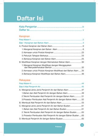 Prakarya
v
Daftar Isi
Kata Pengantar.................................................................iii
Daftar Isi............................................................................ v
Kerajinan
Peta Materi-I..............................................................................................2
Bab I Kerajinan dari Bahan Alam..............................................................3
A.	Produk Kerajinan dari Bahan Alam.......................................................6
1.	Mengenal Kerajinan dari Bahan Alam..............................................6
2.	Kemasan untuk Produk Kerajinan...................................................23
3.	Petunjuk Tahapan Berkarya.............................................................23
4.	Berkarya Kerajinan dari Bahan Alam...............................................25
B.	Modifikasi Kerajinan dengan Memadukan Bahan Alam......................30
1.	Mengenal Kerajinan Modifikasi dengan Menggayakan
dan Menyederhanakan Bentuk......................................................32
2.	Kemasan untuk Produk Kerajinan Modifikasi dari Bahan Alam......35
3.	Berkarya Kerajinan Modifikasi dari Bahan Alam..............................36
Rekayasa
Peta Materi-II...........................................................................................44
Bab II Alat Penjernih Air...........................................................................45
A.	Mengenal Jenis-Jenis Penjernih Air dari Bahan Alam........................47
1.	Bahan dan Alat Penjernih Air dengan Bahan Alam..........................49
2.	Teknik Pembuatan Alat Penjernih Air dengan Bahan Alam..............51
3.	Prosedur Pembuatan Alat Penjernih Air dengan Bahan Alam.........52
B.	Membuat Alat Penjernih Air dari Bahan Alam.....................................53
C.	Mengenal Jenis-Jenis Penjernih Air dari Bahan Buatan.....................61
1.	Bahan dan Alat Penjernih Air dari Bahan Buatan............................61
2.	Teknik Pembuatan Alat Penjernih Air dengan Bahan Buatan..........63
3.	Prosedur Pembuatan Alat Penjernih Air dengan Bahan Buatan.....63
D.	Membuat Penjernih Air dengan Bahan Buatan...................................65
 