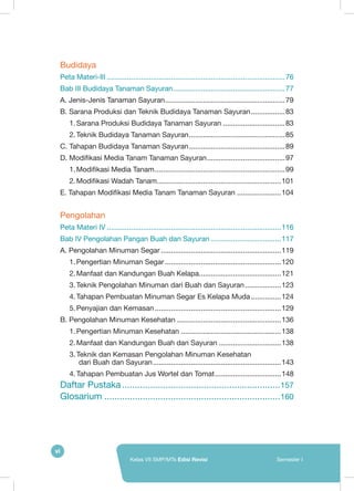vi
Kelas VII SMP/MTs Edisi Revisi Semester I
Budidaya
Peta Materi-III..........................................................................................76
Bab III Budidaya Tanaman Sayuran.........................................................77
A.	Jenis-Jenis Tanaman Sayuran.............................................................79
B.	Sarana Produksi dan Teknik Budidaya Tanaman Sayuran..................83
1.	Sarana Produksi Budidaya Tanaman Sayuran................................83
2.	Teknik Budidaya Tanaman Sayuran.................................................85
C.	Tahapan Budidaya Tanaman Sayuran.................................................89
D.	Modifikasi Media Tanam Tanaman Sayuran........................................97
1.	Modifikasi Media Tanam..................................................................99
2.	Modifikasi Wadah Tanam...............................................................101
E.	Tahapan Modifikasi Media Tanam Tanaman Sayuran.......................104
Pengolahan
Peta Materi IV........................................................................................116
Bab IV Pengolahan Pangan Buah dan Sayuran....................................117
A.	Pengolahan Minuman Segar.............................................................119
1.	Pengertian Minuman Segar...........................................................120
2.	Manfaat dan Kandungan Buah Kelapa..........................................121
3.	Teknik Pengolahan Minuman dari Buah dan Sayuran...................123
4.	Tahapan Pembuatan Minuman Segar Es Kelapa Muda................124
5.	Penyajian dan Kemasan................................................................129
B.	Pengolahan Minuman Kesehatan.....................................................136
1.	Pengertian Minuman Kesehatan...................................................138
2.	Manfaat dan Kandungan Buah dan Sayuran................................138
3.	Teknik dan Kemasan Pengolahan Minuman Kesehatan
dari Buah dan Sayuran.................................................................143
4.	Tahapan Pembuatan Jus Wortel dan Tomat..................................148
Daftar Pustaka...............................................................157
Glosarium......................................................................160
 