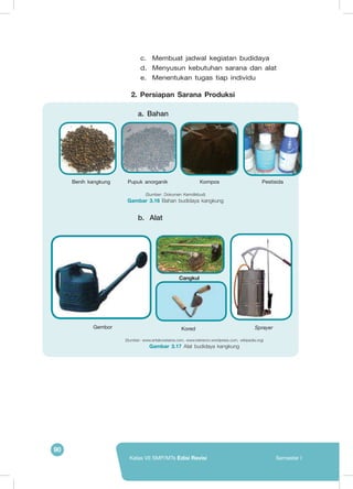 90
Kelas VII SMP/MTs Edisi Revisi Semester I
c.	 Membuat jadwal kegiatan budidaya
d.	 Menyusun kebutuhan sarana dan alat
e.	 Menentukan tugas tiap individu
2. Persiapan Sarana Produksi
a.	 Bahan
Benih kangkung Pupuk anorganik 	 Kompos		 Pestisida
	
  	
   	
  	
  
(Sumber: www.antakowisena.com, www.keineron.wordpress.com, wikipedia.org)
Gambar 3.17 Alat budidaya kangkung
b.	 Alat
(Sumber: Dokumen Kemdikbud)
Gambar 3.16 Bahan budidaya kangkung
Gembor
Cangkul
Kored Sprayer
 