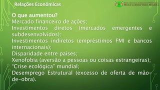 Relações Econômicas
O que aumentou?
Mercado financeiro de ações;
Investimentos diretos (mercados emergentes e
subdesenvolvidos);
Investimentos indiretos (empréstimos FMI e bancos
internacionais);
Disparidade entre países;
Xenofobia (aversão a pessoas ou coisas estrangeiras);
“Crise ecológica” mundial;
Desemprego Estrutural (excesso de oferta de mão-
de-obra).
 