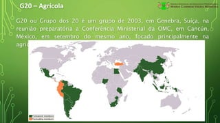 G20 – Agrícola
G20 ou Grupo dos 20 é um grupo de 2003, em Genebra, Suíça, na
reunião preparatória a Conferência Ministerial da OMC, em Cancún,
México, em setembro do mesmo ano, focado principalmente na
agricultura.
 