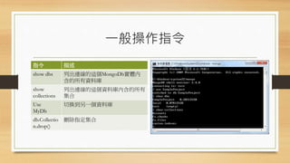 一般操作指令
指令 描述
show dbs 列出連線的這個MongoDb實體內
含的所有資料庫
show
collections
列出連線的這個資料庫內含的所有
集合
Use
MyDb
切換到另一個資料庫
db.Collectio
n.drop()
刪除指定集合
 