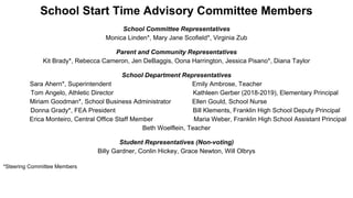 School Start Time Advisory Committee Members
School Committee Representatives
Monica Linden*, Mary Jane Scofield*, Virgini...