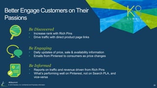 Better Engage Customers on Their 
Passions 
#K8summit 
Be Discovered 
• Increase rank with Rich Pins 
• Drive traffic with...
