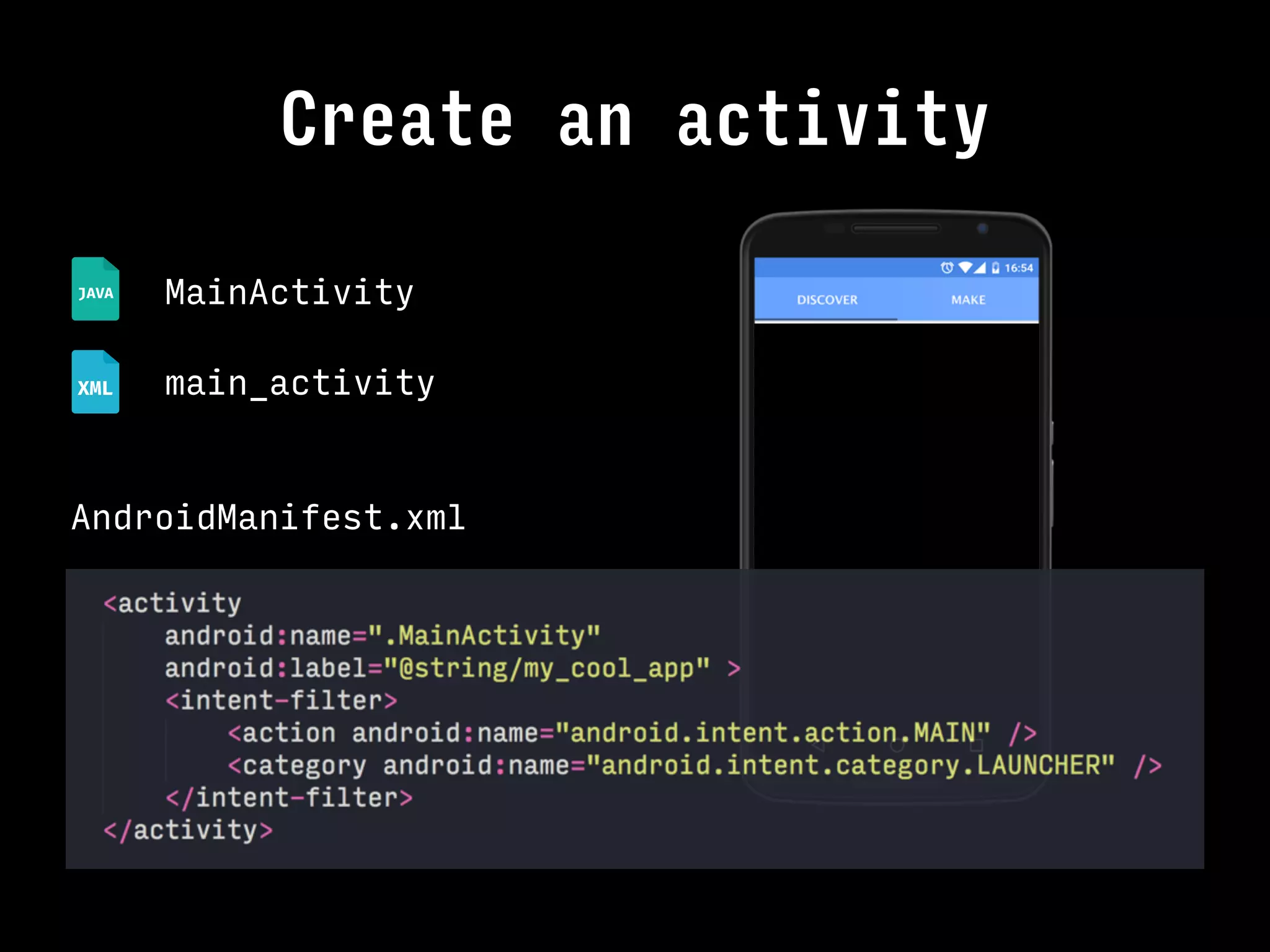Create an activity
MainActivity
main_activity
AndroidManifest.xml
 