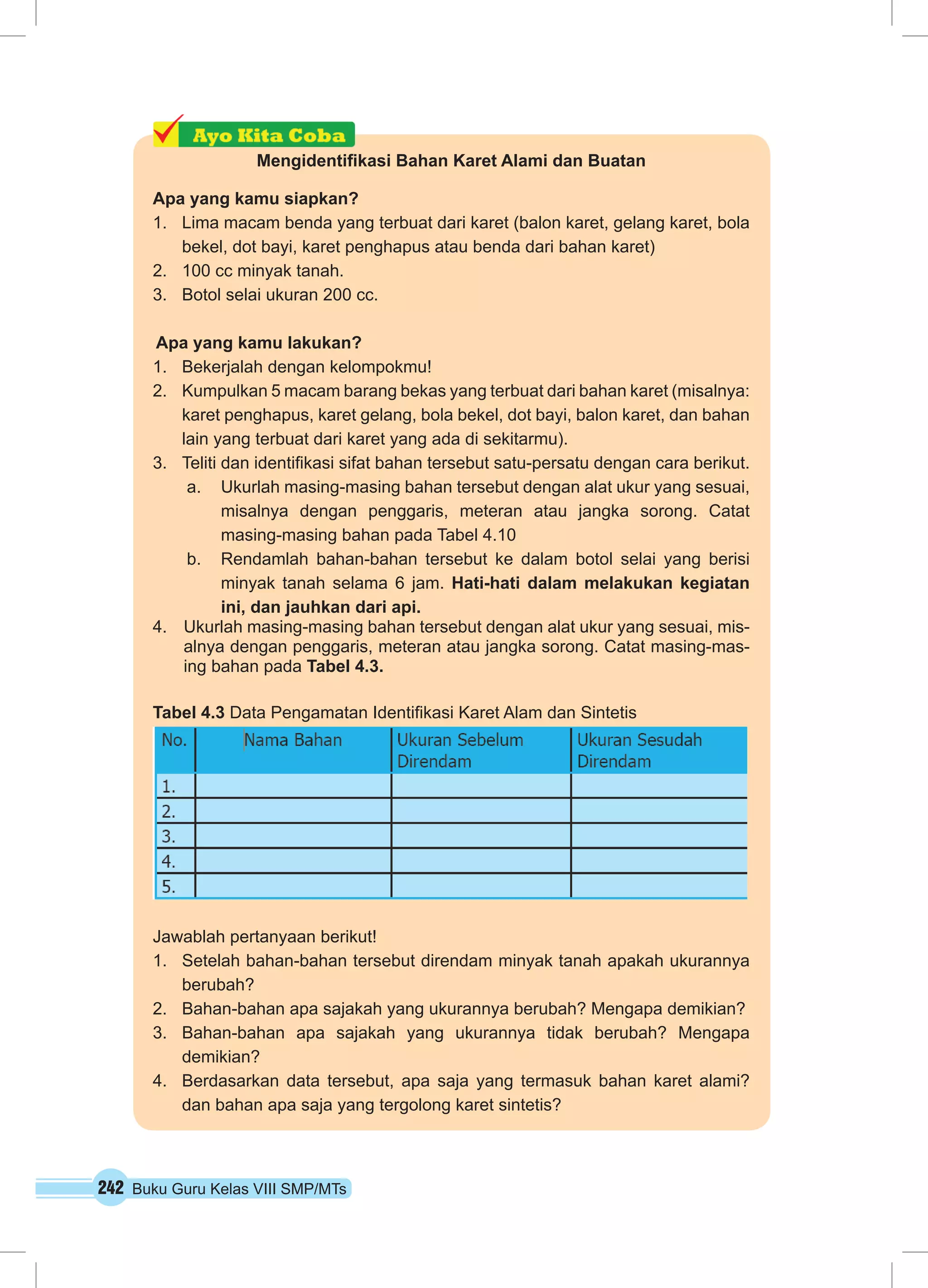242 Buku Guru Kelas VIII SMP/MTs
Mengidentifikasi Bahan Karet Alami dan Buatan
Apa yang kamu siapkan?
1.	 Lima macam benda yang terbuat dari karet (balon karet, gelang karet, bola
bekel, dot bayi, karet penghapus atau benda dari bahan karet)
2.	 100 cc minyak tanah.
3.	 Botol selai ukuran 200 cc.
Apa yang kamu lakukan?
1.	 Bekerjalah dengan kelompokmu!
2.	 Kumpulkan 5 macam barang bekas yang terbuat dari bahan karet (misalnya:
karet penghapus, karet gelang, bola bekel, dot bayi, balon karet, dan bahan
lain yang terbuat dari karet yang ada di sekitarmu).
3.	 Teliti dan identifikasi sifat bahan tersebut satu-persatu dengan cara berikut.
a.	 Ukurlah masing-masing bahan tersebut dengan alat ukur yang sesuai,
misalnya dengan penggaris, meteran atau jangka sorong. Catat
masing-masing bahan pada Tabel 4.10
b.	 Rendamlah bahan-bahan tersebut ke dalam botol selai yang berisi
minyak tanah selama 6 jam. Hati-hati dalam melakukan kegiatan
ini, dan jauhkan dari api.
4.	 Ukurlah masing-masing bahan tersebut dengan alat ukur yang sesuai, mis-
alnya dengan penggaris, meteran atau jangka sorong. Catat masing-mas-
ing bahan pada Tabel 4.3.
Tabel 4.3 Data Pengamatan Identifikasi Karet Alam dan Sintetis
Jawablah pertanyaan berikut!
1.	 Setelah bahan-bahan tersebut direndam minyak tanah apakah ukurannya
berubah?
2.	 Bahan-bahan apa sajakah yang ukurannya berubah? Mengapa demikian?
3.	 Bahan-bahan apa sajakah yang ukurannya tidak berubah? Mengapa
demikian?
4.	 Berdasarkan data tersebut, apa saja yang termasuk bahan karet alami?
dan bahan apa saja yang tergolong karet sintetis?
 
