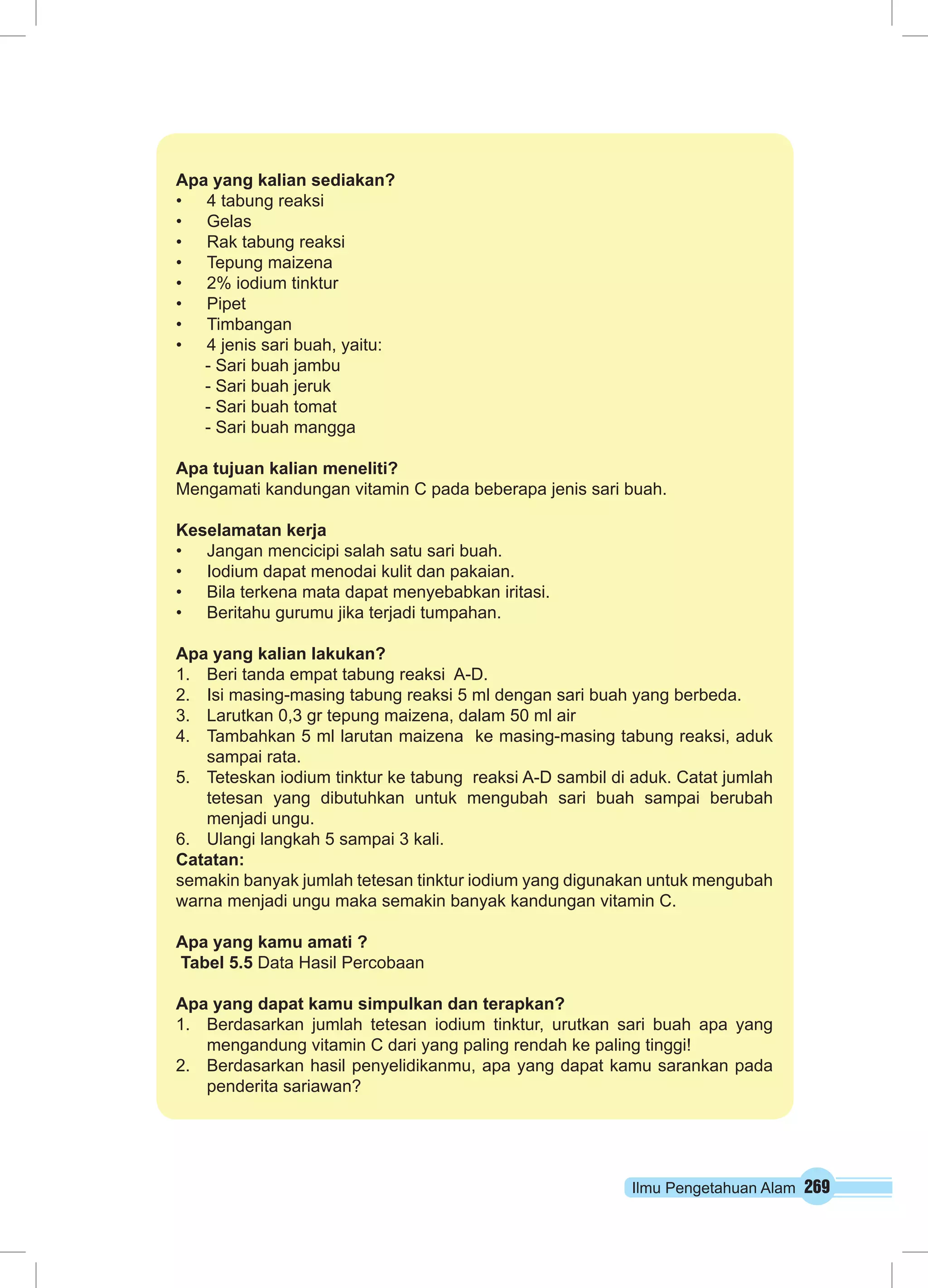 Ilmu Pengetahuan Alam 269
Apa yang kalian sediakan?
•	 4 tabung reaksi
•	 Gelas
•	 Rak tabung reaksi
•	 Tepung maizena
•	 2% iodium tinktur
•	 Pipet
•	 Timbangan
•	 4 jenis sari buah, yaitu:
- Sari buah jambu
- Sari buah jeruk
- Sari buah tomat
- Sari buah mangga
Apa tujuan kalian meneliti?
Mengamati kandungan vitamin C pada beberapa jenis sari buah.
Keselamatan kerja
•	 Jangan mencicipi salah satu sari buah.
•	 Iodium dapat menodai kulit dan pakaian.
•	 Bila terkena mata dapat menyebabkan iritasi.
•	 Beritahu gurumu jika terjadi tumpahan.
Apa yang kalian lakukan?
1.	 Beri tanda empat tabung reaksi A-D.
2.	 Isi masing-masing tabung reaksi 5 ml dengan sari buah yang berbeda.
3.	 Larutkan 0,3 gr tepung maizena, dalam 50 ml air
4.	 Tambahkan 5 ml larutan maizena ke masing-masing tabung reaksi, aduk
sampai rata.
5.	 Teteskan iodium tinktur ke tabung reaksi A-D sambil di aduk. Catat jumlah
tetesan yang dibutuhkan untuk mengubah sari buah sampai berubah
menjadi ungu.
6.	 Ulangi langkah 5 sampai 3 kali.
Catatan:
semakin banyak jumlah tetesan tinktur iodium yang digunakan untuk mengubah
warna menjadi ungu maka semakin banyak kandungan vitamin C.
Apa yang kamu amati ?
Tabel 5.5 Data Hasil Percobaan
Apa yang dapat kamu simpulkan dan terapkan?
1.	 Berdasarkan jumlah tetesan iodium tinktur, urutkan sari buah apa yang
mengandung vitamin C dari yang paling rendah ke paling tinggi!
2.	 Berdasarkan hasil penyelidikanmu, apa yang dapat kamu sarankan pada
penderita sariawan?
 