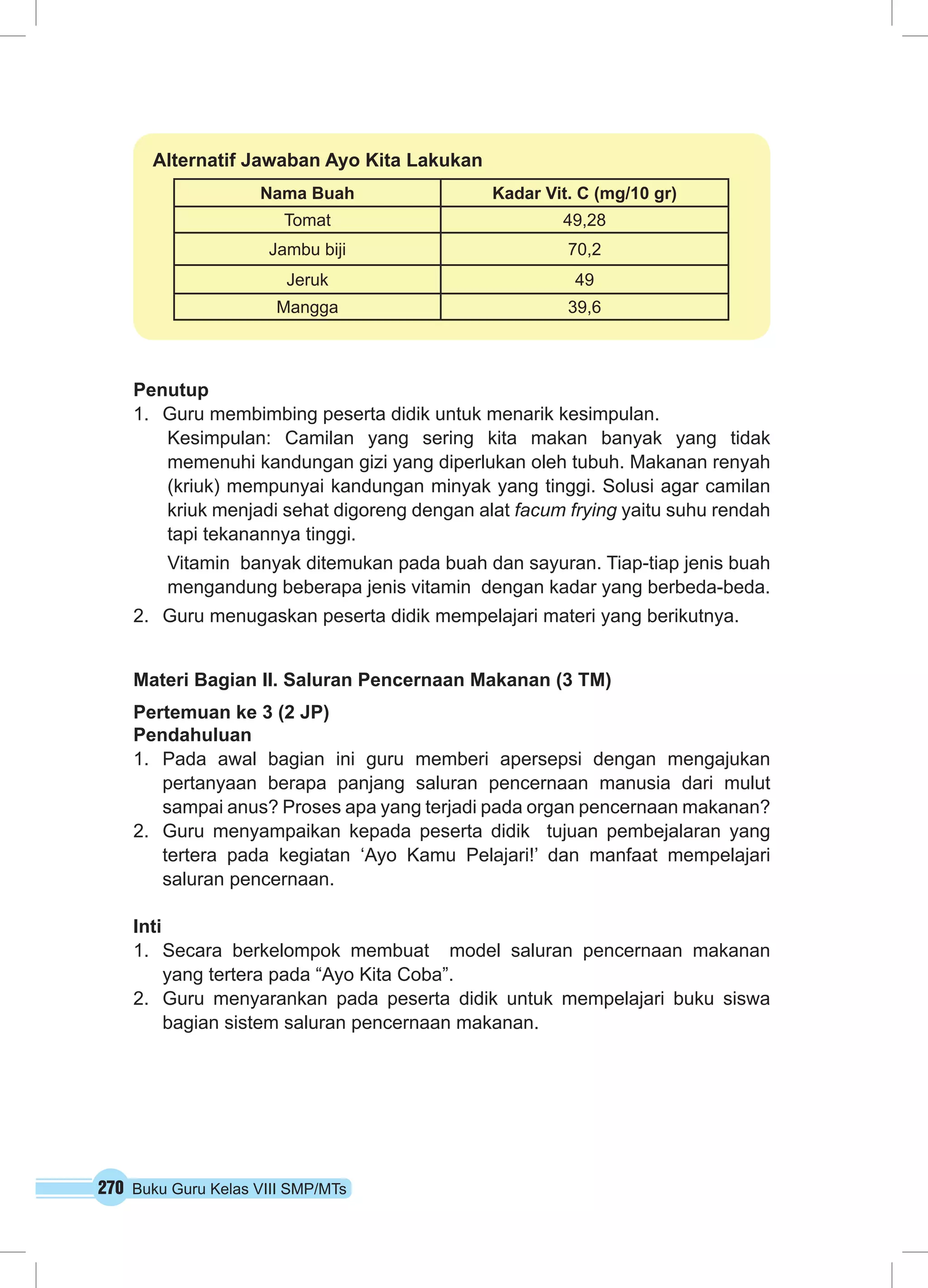 270 Buku Guru Kelas VIII SMP/MTs
Penutup
1.	 Guru membimbing peserta didik untuk menarik kesimpulan.
Kesimpulan: Camilan yang sering kita makan banyak yang tidak
memenuhi kandungan gizi yang diperlukan oleh tubuh. Makanan renyah
(kriuk) mempunyai kandungan minyak yang tinggi. Solusi agar camilan
kriuk menjadi sehat digoreng dengan alat facum frying yaitu suhu rendah
tapi tekanannya tinggi.
Vitamin banyak ditemukan pada buah dan sayuran. Tiap-tiap jenis buah
mengandung beberapa jenis vitamin dengan kadar yang berbeda-beda.
2.	 Guru menugaskan peserta didik mempelajari materi yang berikutnya.
Materi Bagian II. Saluran Pencernaan Makanan (3 TM)
Pertemuan ke 3 (2 JP)
Pendahuluan
1.	 Pada awal bagian ini guru memberi apersepsi dengan mengajukan
pertanyaan berapa panjang saluran pencernaan manusia dari mulut
sampai anus? Proses apa yang terjadi pada organ pencernaan makanan?
2.	 Guru menyampaikan kepada peserta didik tujuan pembejalaran yang
tertera pada kegiatan ‘Ayo Kamu Pelajari!’ dan manfaat mempelajari
saluran pencernaan.
Inti
1.	 Secara berkelompok membuat model saluran pencernaan makanan
yang tertera pada “Ayo Kita Coba”.
2.	 Guru menyarankan pada peserta didik untuk mempelajari buku siswa
bagian sistem saluran pencernaan makanan.
Alternatif Jawaban Ayo Kita Lakukan
Nama Buah Kadar Vit. C (mg/10 gr)
Tomat 49,28
Jambu biji 70,2
Jeruk 49
Mangga 39,6
 
