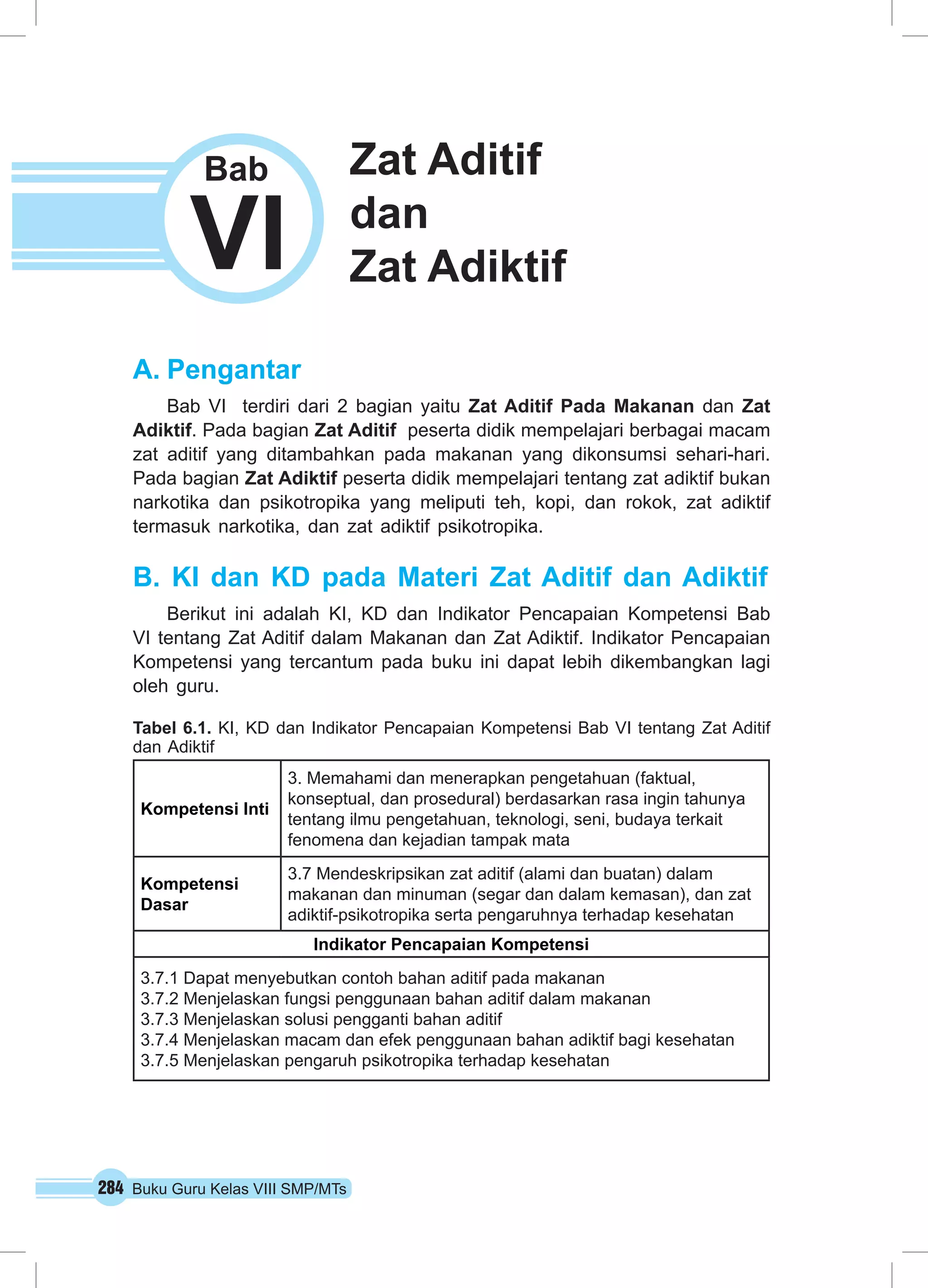 284 Buku Guru Kelas VIII SMP/MTs
A.	Pengantar
Bab VI terdiri dari 2 bagian yaitu Zat Aditif Pada Makanan dan Zat
Adiktif. Pada bagian Zat Aditif peserta didik mempelajari berbagai macam
zat aditif yang ditambahkan pada makanan yang dikonsumsi sehari-hari.
Pada bagian Zat Adiktif peserta didik mempelajari tentang zat adiktif bukan
narkotika dan psikotropika yang meliputi teh, kopi, dan rokok, zat adiktif
termasuk narkotika, dan zat adiktif psikotropika.
B.		KI dan KD pada Materi Zat Aditif dan Adiktif
Berikut ini adalah KI, KD dan Indikator Pencapaian Kompetensi Bab
VI tentang Zat Aditif dalam Makanan dan Zat Adiktif. Indikator Pencapaian
Kompetensi yang tercantum pada buku ini dapat lebih dikembangkan lagi
oleh guru.
Tabel 6.1. KI, KD dan Indikator Pencapaian Kompetensi Bab VI tentang Zat Aditif
dan Adiktif
Kompetensi Inti
3. Memahami dan menerapkan pengetahuan (faktual,
konseptual, dan prosedural) berdasarkan rasa ingin tahunya
tentang ilmu pengetahuan, teknologi, seni, budaya terkait
fenomena dan kejadian tampak mata
Kompetensi
Dasar
3.7 Mendeskripsikan zat aditif (alami dan buatan) dalam
makanan dan minuman (segar dan dalam kemasan), dan zat
adiktif-psikotropika serta pengaruhnya terhadap kesehatan
Indikator Pencapaian Kompetensi
3.7.1 Dapat menyebutkan contoh bahan aditif pada makanan
3.7.2 Menjelaskan fungsi penggunaan bahan aditif dalam makanan
3.7.3 Menjelaskan solusi pengganti bahan aditif
3.7.4 Menjelaskan macam dan efek penggunaan bahan adiktif bagi kesehatan
3.7.5 Menjelaskan pengaruh psikotropika terhadap kesehatan
BAB
VI
VI
Bab Zat Aditif
dan
Zat Adiktif
 