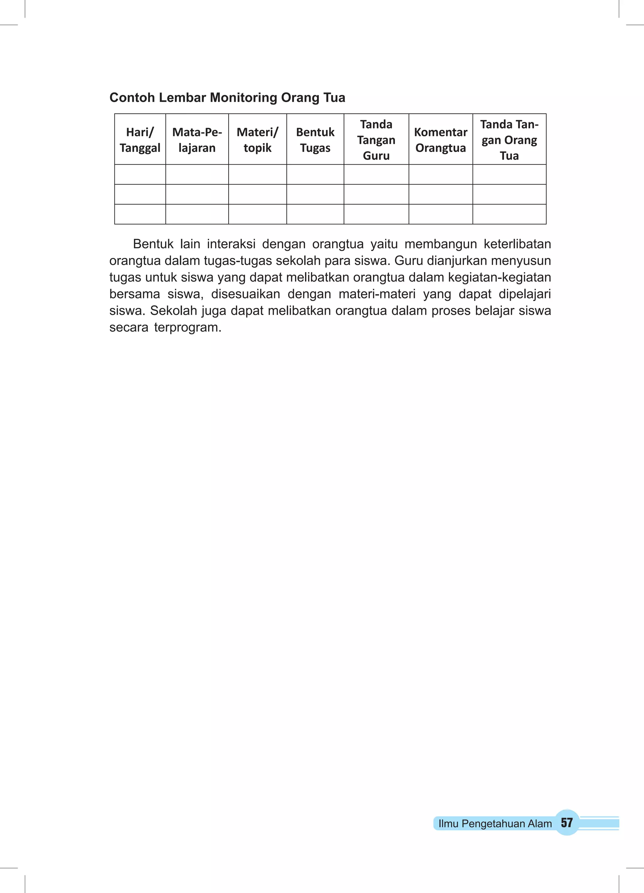 Ilmu Pengetahuan Alam 57
Contoh Lembar Monitoring Orang Tua
Hari/
Tanggal
Mata-Pe-
lajaran
Materi/
topik
Bentuk
Tugas
Tanda
Tangan
Guru
Komentar
Orangtua
Tanda Tan-
gan Orang
Tua
Bentuk lain interaksi dengan orangtua yaitu membangun keterlibatan
orangtua dalam tugas-tugas sekolah para siswa. Guru dianjurkan menyusun
tugas untuk siswa yang dapat melibatkan orangtua dalam kegiatan-kegiatan
bersama siswa, disesuaikan dengan materi-materi yang dapat dipelajari
siswa. Sekolah juga dapat melibatkan orangtua dalam proses belajar siswa
secara terprogram.
 