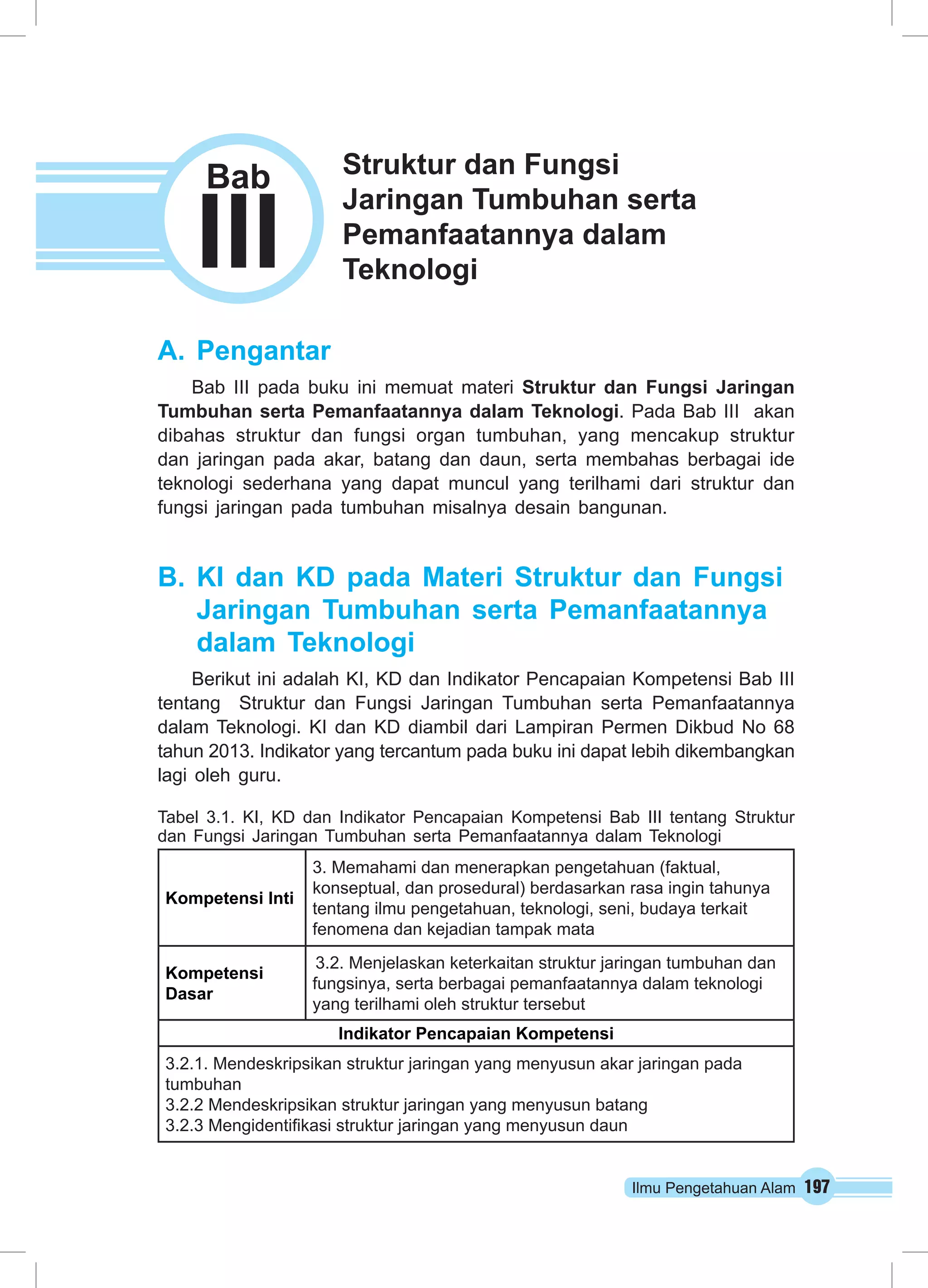 Struktur dan Fungsi 
Jaringan Tumbuhan serta 
Pemanfaatannya dalam 
Teknologi III Bab 
Ilmu Pengetahuan Alam 197 
A. Pengantar 
Bab III pada buku ini memuat materi Struktur dan Fungsi Jaringan 
Tumbuhan serta Pemanfaatannya dalam Teknologi. Pada Bab III akan 
dibahas struktur dan fungsi organ tumbuhan, yang mencakup struktur 
dan jaringan pada akar, batang dan daun, serta membahas berbagai ide 
teknologi sederhana yang dapat muncul yang terilhami dari struktur dan 
fungsi jaringan pada tumbuhan misalnya desain bangunan. 
B. KI dan KD pada Materi Struktur dan Fungsi 
Jaringan Tumbuhan serta Pemanfaatannya 
dalam Teknologi 
Berikut ini adalah KI, KD dan Indikator Pencapaian Kompetensi Bab III 
tentang Struktur dan Fungsi Jaringan Tumbuhan serta Pemanfaatannya 
dalam Teknologi. KI dan KD diambil dari Lampiran Permen Dikbud No 68 
tahun 2013. Indikator yang tercantum pada buku ini dapat lebih dikembangkan 
lagi oleh guru. 
Tabel 3.1. KI, KD dan Indikator Pencapaian Kompetensi Bab III tentang Struktur 
dan Fungsi Jaringan Tumbuhan serta Pemanfaatannya dalam Teknologi 
Kompetensi Inti 
3. Memahami dan menerapkan pengetahuan (faktual, 
konseptual, dan prosedural) berdasarkan rasa ingin tahunya 
tentang ilmu pengetahuan, teknologi, seni, budaya terkait 
fenomena dan kejadian tampak mata 
Kompetensi 
Dasar 
3.2. Menjelaskan keterkaitan struktur jaringan tumbuhan dan 
fungsinya, serta berbagai pemanfaatannya dalam teknologi 
yang terilhami oleh struktur tersebut 
Indikator Pencapaian Kompetensi 
3.2.1. Mendeskripsikan struktur jaringan yang menyusun akar jaringan pada 
tumbuhan 
3.2.2 Mendeskripsikan struktur jaringan yang menyusun batang 
3.2.3 Mengidentifikasi struktur jaringan yang menyusun daun 
 