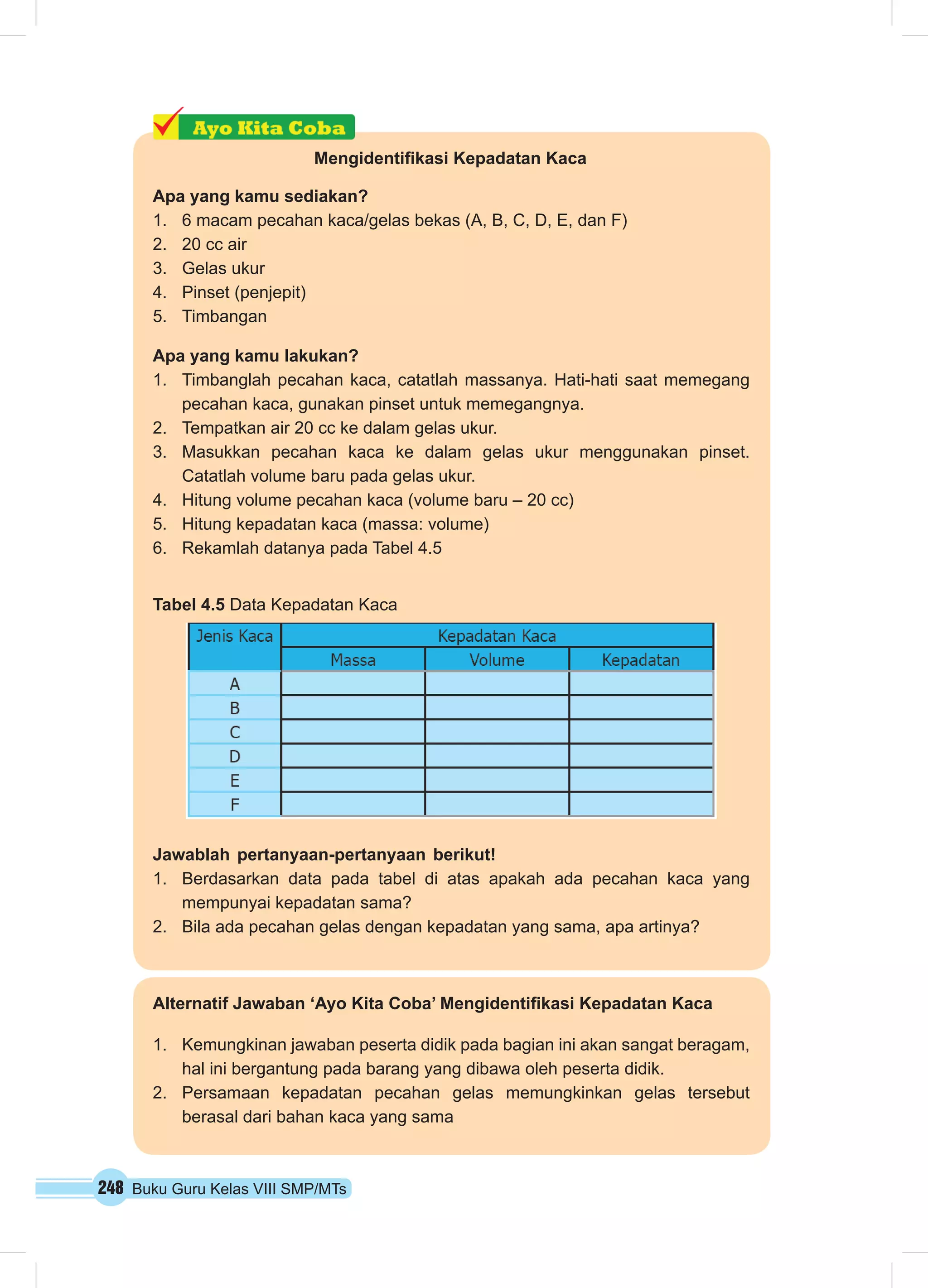 Mengidentifikasi Kepadatan Kaca 
Apa yang kamu sediakan? 
1. 6 macam pecahan kaca/gelas bekas (A, B, C, D, E, dan F) 
2. 20 cc air 
3. Gelas ukur 
4. Pinset (penjepit) 
5. Timbangan 
Apa yang kamu lakukan? 
1. Timbanglah pecahan kaca, catatlah massanya. Hati-hati saat memegang 
pecahan kaca, gunakan pinset untuk memegangnya. 
2. Tempatkan air 20 cc ke dalam gelas ukur. 
3. Masukkan pecahan kaca ke dalam gelas ukur menggunakan pinset. 
Catatlah volume baru pada gelas ukur. 
4. Hitung volume pecahan kaca (volume baru – 20 cc) 
5. Hitung kepadatan kaca (massa: volume) 
6. Rekamlah datanya pada Tabel 4.5 
Tabel 4.5 Data Kepadatan Kaca 
Jawablah pertanyaan-pertanyaan berikut! 
1. Berdasarkan data pada tabel di atas apakah ada pecahan kaca yang 
mempunyai kepadatan sama? 
2. Bila ada pecahan gelas dengan kepadatan yang sama, apa artinya? 
Alternatif Jawaban ‘Ayo Kita Coba’ Mengidentifikasi Kepadatan Kaca 
1. Kemungkinan jawaban peserta didik pada bagian ini akan sangat beragam, 
hal ini bergantung pada barang yang dibawa oleh peserta didik. 
2. Persamaan kepadatan pecahan gelas memungkinkan gelas tersebut 
berasal dari bahan kaca yang sama 
248 Buku Guru Kelas VIII SMP/MTs 
 