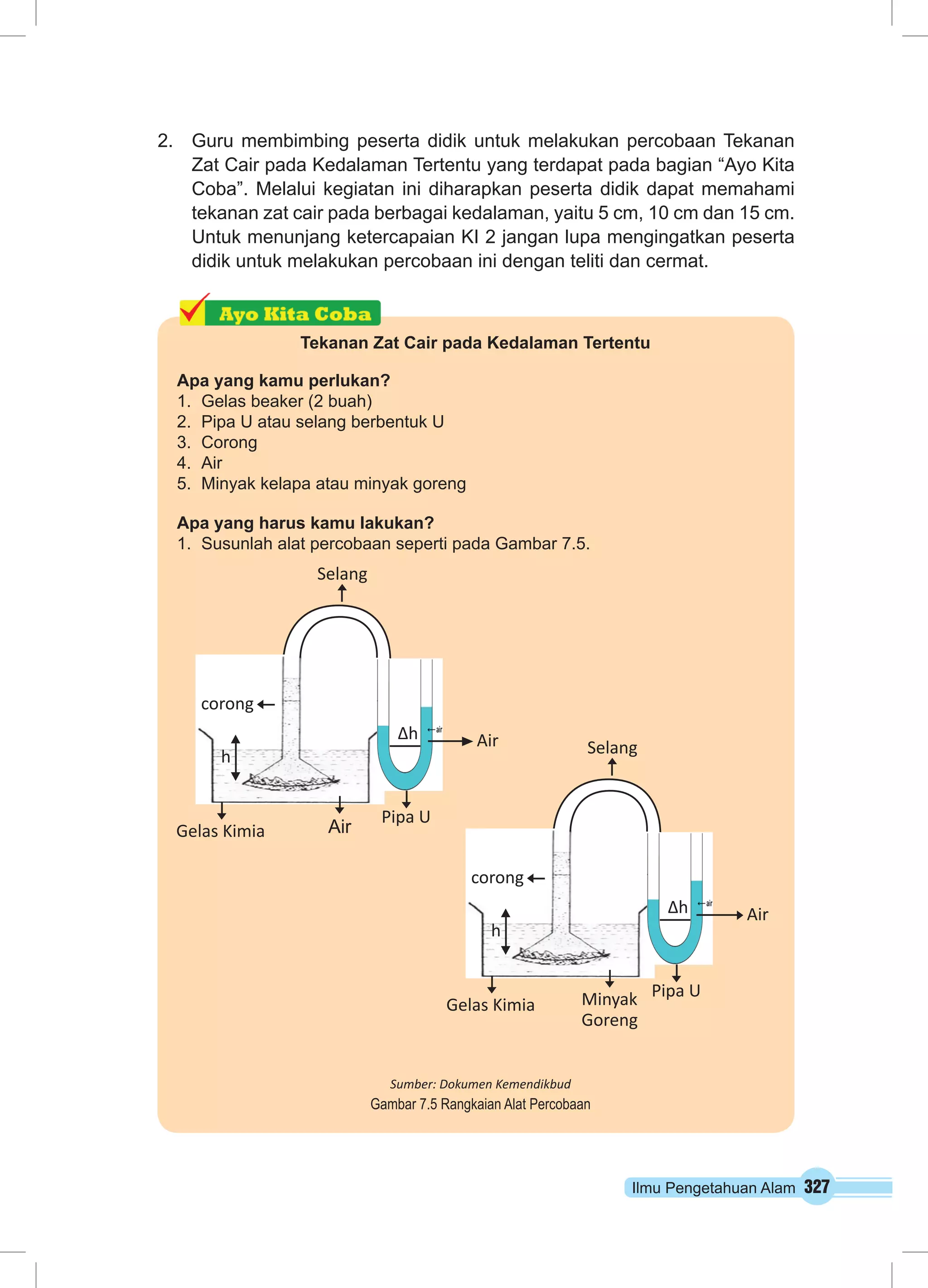 2. Guru membimbing peserta didik untuk melakukan percobaan Tekanan 
Zat Cair pada Kedalaman Tertentu yang terdapat pada bagian “Ayo Kita 
Coba”. Melalui kegiatan ini diharapkan peserta didik dapat memahami 
tekanan zat cair pada berbagai kedalaman, yaitu 5 cm, 10 cm dan 15 cm. 
Untuk menunjang ketercapaian KI 2 jangan lupa mengingatkan peserta 
didik untuk melakukan percobaan ini dengan teliti dan cermat. 
Tekanan Zat Cair pada Kedalaman Tertentu 
Δh 
Ilmu Pengetahuan Alam 327 
Apa yang kamu perlukan? 
1. Gelas beaker (2 buah) 
2. Pipa U atau selang berbentuk U 
3. Corong 
4. Air 
5. Minyak kelapa atau minyak goreng 
Apa yang harus kamu lakukan? 
1. Susunlah alat percobaan seperti pada Gambar 7.5. 
h 
Selang 
Air 
corong 
Pipa U 
Gelas Kimia Minyak 
Goreng 
h 
Selang 
Air 
corong 
Δh 
Pipa U 
Gelas Kimia Air 
Sumber: Dokumen Kemendikbud 
Gambar 7.5 Rangkaian Alat Percobaan 
 