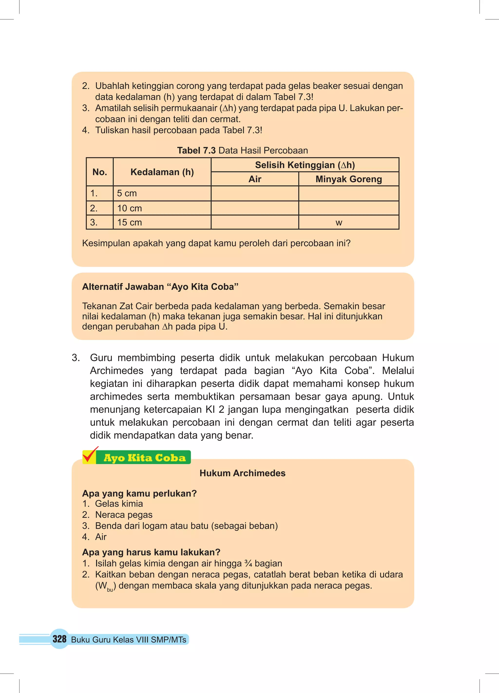 2. Ubahlah ketinggian corong yang terdapat pada gelas beaker sesuai dengan 
data kedalaman (h) yang terdapat di dalam Tabel 7.3! 
3. Amatilah selisih permukaanair (Δh) yang terdapat pada pipa U. Lakukan per-cobaan 
ini dengan teliti dan cermat. 
4. Tuliskan hasil percobaan pada Tabel 7.3! 
Tabel 7.3 Data Hasil Percobaan 
No. Kedalaman (h) 
Alternatif Jawaban “Ayo Kita Coba” 
Tekanan Zat Cair berbeda pada kedalaman yang berbeda. Semakin besar 
nilai kedalaman (h) maka tekanan juga semakin besar. Hal ini ditunjukkan 
dengan perubahan Δh pada pipa U. 
3. Guru membimbing peserta didik untuk melakukan percobaan Hukum 
Archimedes yang terdapat pada bagian “Ayo Kita Coba”. Melalui 
kegiatan ini diharapkan peserta didik dapat memahami konsep hukum 
archimedes serta membuktikan persamaan besar gaya apung. Untuk 
menunjang ketercapaian KI 2 jangan lupa mengingatkan peserta didik 
untuk melakukan percobaan ini dengan cermat dan teliti agar peserta 
didik mendapatkan data yang benar. 
328 Buku Guru Kelas VIII SMP/MTs 
Selisih Ketinggian (Δh) 
Air Minyak Goreng 
1. 5 cm 
2. 10 cm 
3. 15 cm w 
Kesimpulan apakah yang dapat kamu peroleh dari percobaan ini? 
Hukum Archimedes 
Apa yang kamu perlukan? 
1. Gelas kimia 
2. Neraca pegas 
3. Benda dari logam atau batu (sebagai beban) 
4. Air 
Apa yang harus kamu lakukan? 
1. Isilah gelas kimia dengan air hingga ¾ bagian 
2. Kaitkan beban dengan neraca pegas, catatlah berat beban ketika di udara 
(Wbu) dengan membaca skala yang ditunjukkan pada neraca pegas. 
 