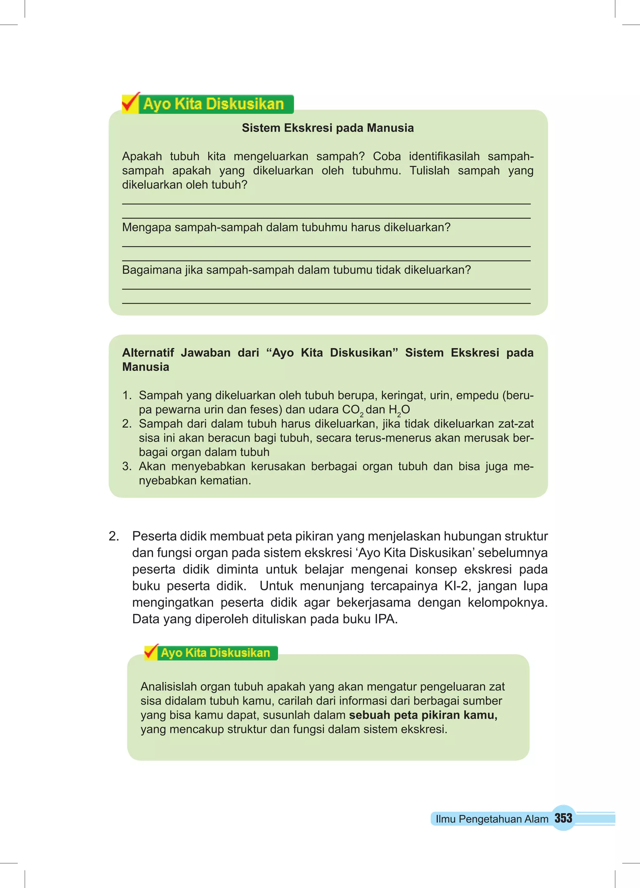 2. Peserta didik membuat peta pikiran yang menjelaskan hubungan struktur 
dan fungsi organ pada sistem ekskresi ‘Ayo Kita Diskusikan’ sebelumnya 
peserta didik diminta untuk belajar mengenai konsep ekskresi pada 
buku peserta didik. Untuk menunjang tercapainya KI-2, jangan lupa 
mengingatkan peserta didik agar bekerjasama dengan kelompoknya. 
Data yang diperoleh dituliskan pada buku IPA. 
Ilmu Pengetahuan Alam 353 
Sistem Ekskresi pada Manusia 
Apakah tubuh kita mengeluarkan sampah? Coba identifikasilah sampah-sampah 
apakah yang dikeluarkan oleh tubuhmu. Tulislah sampah yang 
dikeluarkan oleh tubuh? 
Mengapa sampah-sampah dalam tubuhmu harus dikeluarkan? 
Bagaimana jika sampah-sampah dalam tubumu tidak dikeluarkan? 
Alternatif Jawaban dari “Ayo Kita Diskusikan” Sistem Ekskresi pada 
Manusia 
1. Sampah yang dikeluarkan oleh tubuh berupa, keringat, urin, empedu (beru-pa 
pewarna urin dan feses) dan udara CO2 dan H2O 
2. Sampah dari dalam tubuh harus dikeluarkan, jika tidak dikeluarkan zat-zat 
sisa ini akan beracun bagi tubuh, secara terus-menerus akan merusak ber-bagai 
organ dalam tubuh 
3. Akan menyebabkan kerusakan berbagai organ tubuh dan bisa juga me-nyebabkan 
kematian. 
Analisislah organ tubuh apakah yang akan mengatur pengeluaran zat 
sisa didalam tubuh kamu, carilah dari informasi dari berbagai sumber 
yang bisa kamu dapat, susunlah dalam sebuah peta pikiran kamu, 
yang mencakup struktur dan fungsi dalam sistem ekskresi. 
 
