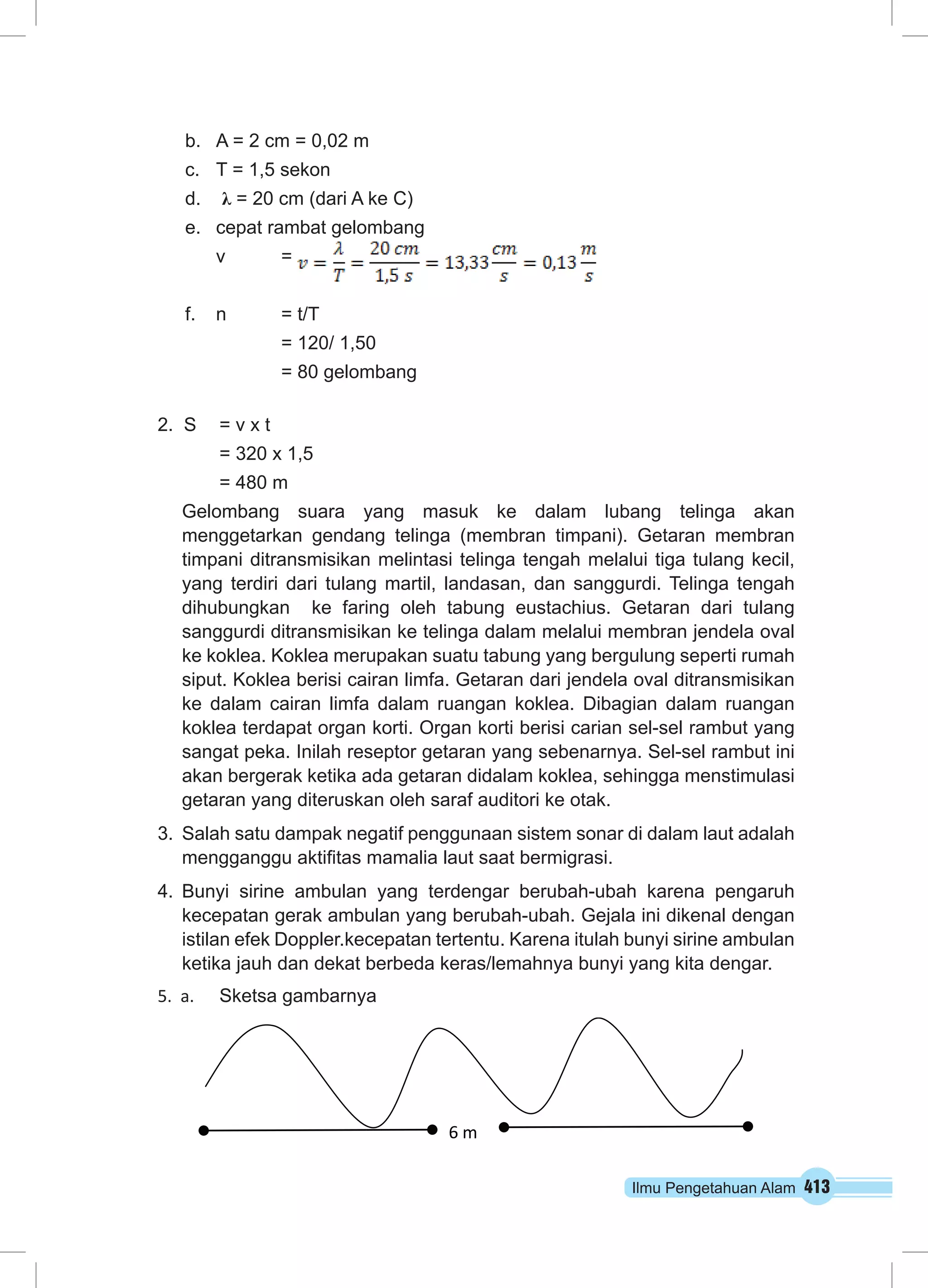 Ilmu Pengetahuan Alam 413 
b. A = 2 cm = 0,02 m 
c. T = 1,5 sekon 
d. λ = 20 cm (dari A ke C) 
e. cepat rambat gelombang 
v = 
f. n = t/T 
= 120/ 1,50 
= 80 gelombang 
2. S = v x t 
= 320 x 1,5 
= 480 m 
Gelombang suara yang masuk ke dalam lubang telinga akan 
menggetarkan gendang telinga (membran timpani). Getaran membran 
timpani ditransmisikan melintasi telinga tengah melalui tiga tulang kecil, 
yang terdiri dari tulang martil, landasan, dan sanggurdi. Telinga tengah 
dihubungkan ke faring oleh tabung eustachius. Getaran dari tulang 
sanggurdi ditransmisikan ke telinga dalam melalui membran jendela oval 
ke koklea. Koklea merupakan suatu tabung yang bergulung seperti rumah 
siput. Koklea berisi cairan limfa. Getaran dari jendela oval ditransmisikan 
ke dalam cairan limfa dalam ruangan koklea. Dibagian dalam ruangan 
koklea terdapat organ korti. Organ korti berisi carian sel-sel rambut yang 
sangat peka. Inilah reseptor getaran yang sebenarnya. Sel-sel rambut ini 
akan bergerak ketika ada getaran didalam koklea, sehingga menstimulasi 
getaran yang diteruskan oleh saraf auditori ke otak. 
3. Salah satu dampak negatif penggunaan sistem sonar di dalam laut adalah 
mengganggu aktifitas mamalia laut saat bermigrasi. 
4. Bunyi sirine ambulan yang terdengar berubah-ubah karena pengaruh 
kecepatan gerak ambulan yang berubah-ubah. Gejala ini dikenal dengan 
istilan efek Doppler.kecepatan tertentu. Karena itulah bunyi sirine ambulan 
ketika jauh dan dekat berbeda keras/lemahnya bunyi yang kita dengar. 
5. a. Sketsa gambarnya 
6 m 
 