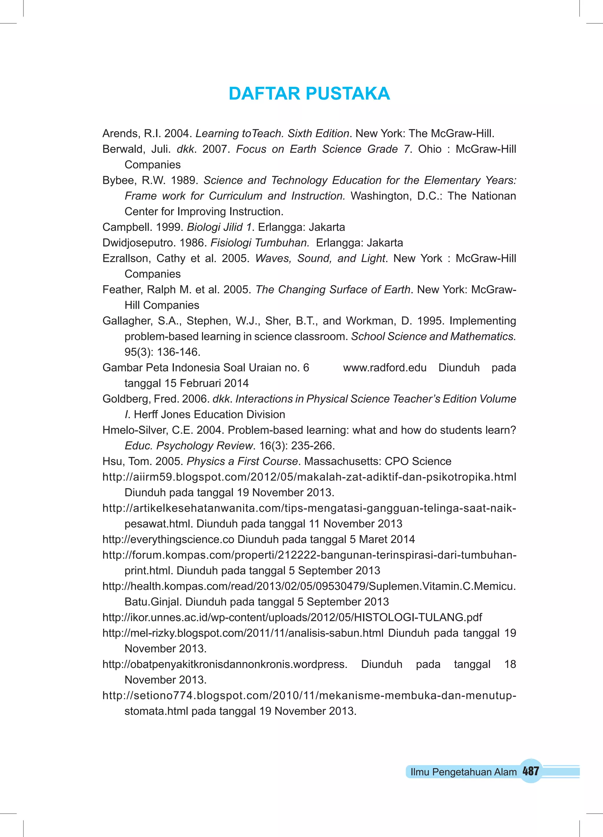 Ilmu Pengetahuan Alam 487 
DAFTAR PUSTAKA 
Arends, R.I. 2004. Learning toTeach. Sixth Edition. New York: The McGraw-Hill. 
Berwald, Juli. dkk. 2007. Focus on Earth Science Grade 7. Ohio : McGraw-Hill 
Companies 
Bybee, R.W. 1989. Science and Technology Education for the Elementary Years: 
Frame work for Curriculum and Instruction. Washington, D.C.: The Nationan 
Center for Improving Instruction. 
Campbell. 1999. Biologi Jilid 1. Erlangga: Jakarta 
Dwidjoseputro. 1986. Fisiologi Tumbuhan. Erlangga: Jakarta 
Ezrallson, Cathy et al. 2005. Waves, Sound, and Light. New York : McGraw-Hill 
Companies 
Feather, Ralph M. et al. 2005. The Changing Surface of Earth. New York: McGraw- 
Hill Companies 
Gallagher, S.A., Stephen, W.J., Sher, B.T., and Workman, D. 1995. Implementing 
problem-based learning in science classroom. School Science and Mathematics. 
95(3): 136-146. 
Gambar Peta Indonesia Soal Uraian no. 6 www.radford.edu Diunduh pada 
tanggal 15 Februari 2014 
Goldberg, Fred. 2006. dkk. Interactions in Physical Science Teacher’s Edition Volume 
I. Herff Jones Education Division 
Hmelo-Silver, C.E. 2004. Problem-based learning: what and how do students learn? 
Educ. Psychology Review. 16(3): 235-266. 
Hsu, Tom. 2005. Physics a First Course. Massachusetts: CPO Science 
http://aiirm59.blogspot.com/2012/05/makalah-zat-adiktif-dan-psikotropika.html 
Diunduh pada tanggal 19 November 2013. 
http://artikelkesehatanwanita.com/tips-mengatasi-gangguan-telinga-saat-naik-pesawat. 
html. Diunduh pada tanggal 11 November 2013 
http://everythingscience.co Diunduh pada tanggal 5 Maret 2014 
http://forum.kompas.com/properti/212222-bangunan-terinspirasi-dari-tumbuhan-print. 
html. Diunduh pada tanggal 5 September 2013 
http://health.kompas.com/read/2013/02/05/09530479/Suplemen.Vitamin.C.Memicu. 
Batu.Ginjal. Diunduh pada tanggal 5 September 2013 
http://ikor.unnes.ac.id/wp-content/uploads/2012/05/HISTOLOGI-TULANG.pdf 
http://mel-rizky.blogspot.com/2011/11/analisis-sabun.html Diunduh pada tanggal 19 
November 2013. 
http://obatpenyakitkronisdannonkronis.wordpress. Diunduh pada tanggal 18 
November 2013. 
http://setiono774.blogspot.com/2010/11/mekanisme-membuka-dan-menutup-stomata. 
html pada tanggal 19 November 2013. 
 