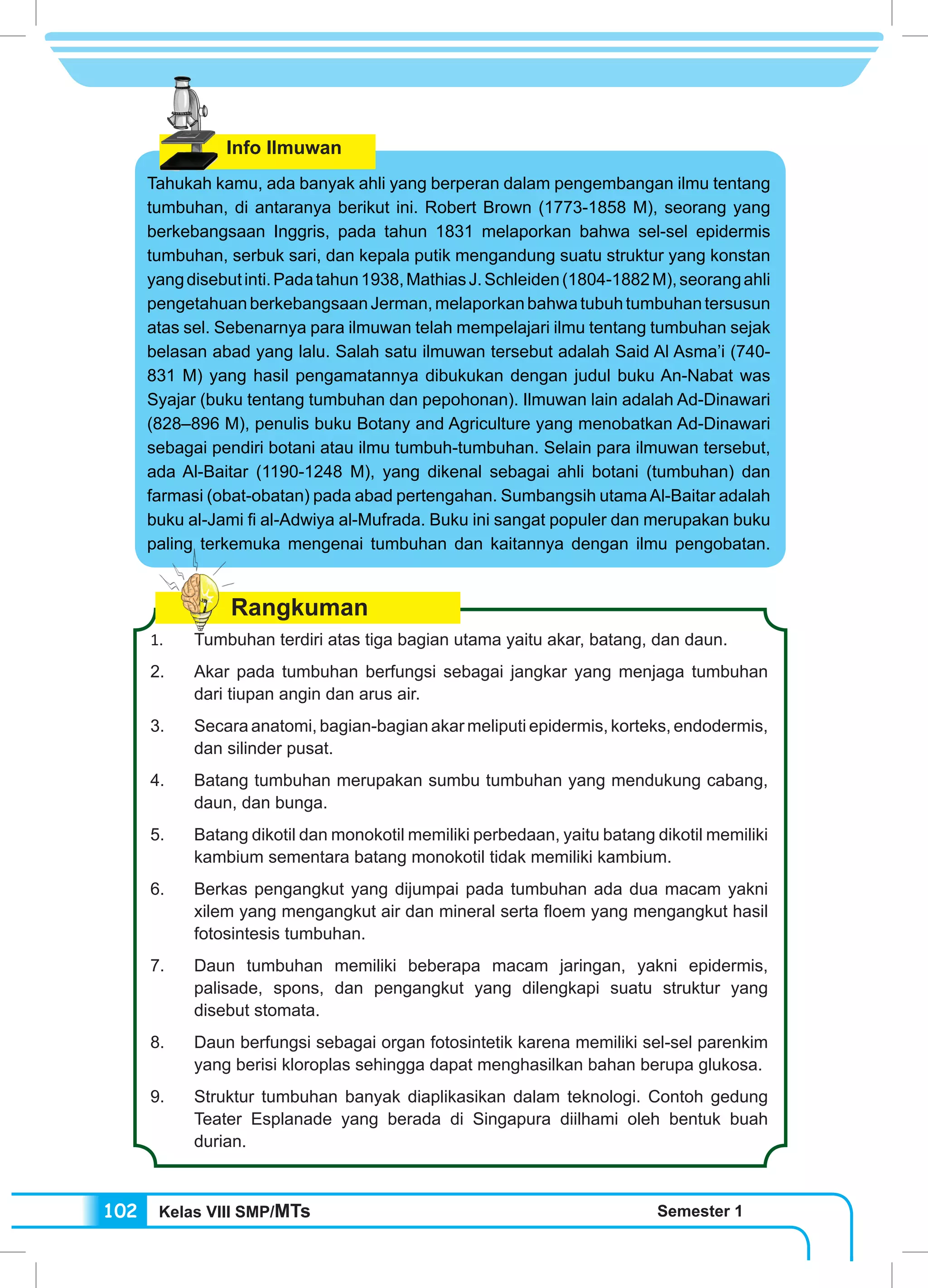 Kelas VIII SMP/MTs Semester 1102
Info Ilmuwan
Tahukah kamu, ada banyak ahli yang berperan dalam pengembangan ilmu tentang
tumbuhan, di antaranya berikut ini. Robert Brown (1773-1858 M), seorang yang
berkebangsaan Inggris, pada tahun 1831 melaporkan bahwa sel-sel epidermis
tumbuhan, serbuk sari, dan kepala putik mengandung suatu struktur yang konstan
yangdisebutinti.Padatahun1938,MathiasJ.Schleiden(1804-1882M),seorangahli
pengetahuanberkebangsaanJerman,melaporkanbahwatubuhtumbuhantersusun
atas sel. Sebenarnya para ilmuwan telah mempelajari ilmu tentang tumbuhan sejak
belasan abad yang lalu. Salah satu ilmuwan tersebut adalah Said Al Asma’i (740-
831 M) yang hasil pengamatannya dibukukan dengan judul buku An-Nabat was
Syajar (buku tentang tumbuhan dan pepohonan). Ilmuwan lain adalah Ad-Dinawari
(828–896 M), penulis buku Botany and Agriculture yang menobatkan Ad-Dinawari
sebagai pendiri botani atau ilmu tumbuh-tumbuhan. Selain para ilmuwan tersebut,
ada Al-Baitar (1190-1248 M), yang dikenal sebagai ahli botani (tumbuhan) dan
farmasi (obat-obatan) pada abad pertengahan. Sumbangsih utamaAl-Baitar adalah
buku al-Jami fi al-Adwiya al-Mufrada. Buku ini sangat populer dan merupakan buku
paling terkemuka mengenai tumbuhan dan kaitannya dengan ilmu pengobatan.
Rangkuman
1.	 Tumbuhan terdiri atas tiga bagian utama yaitu akar, batang, dan daun.
2.	 Akar pada tumbuhan berfungsi sebagai jangkar yang menjaga tumbuhan
dari tiupan angin dan arus air.
3.	 Secara anatomi, bagian-bagian akar meliputi epidermis, korteks, endodermis,
dan silinder pusat.
4.	 Batang tumbuhan merupakan sumbu tumbuhan yang mendukung cabang,
daun, dan bunga.
5.	 Batang dikotil dan monokotil memiliki perbedaan, yaitu batang dikotil memiliki
kambium sementara batang monokotil tidak memiliki kambium.
6.	 Berkas pengangkut yang dijumpai pada tumbuhan ada dua macam yakni
xilem yang mengangkut air dan mineral serta floem yang mengangkut hasil
fotosintesis tumbuhan.
7.	 Daun tumbuhan memiliki beberapa macam jaringan, yakni epidermis,
palisade, spons, dan pengangkut yang dilengkapi suatu struktur yang
disebut stomata.
8.	 Daun berfungsi sebagai organ fotosintetik karena memiliki sel-sel parenkim
yang berisi kloroplas sehingga dapat menghasilkan bahan berupa glukosa.
9.	 Struktur tumbuhan banyak diaplikasikan dalam teknologi. Contoh gedung
Teater Esplanade yang berada di Singapura diilhami oleh bentuk buah
durian.
 