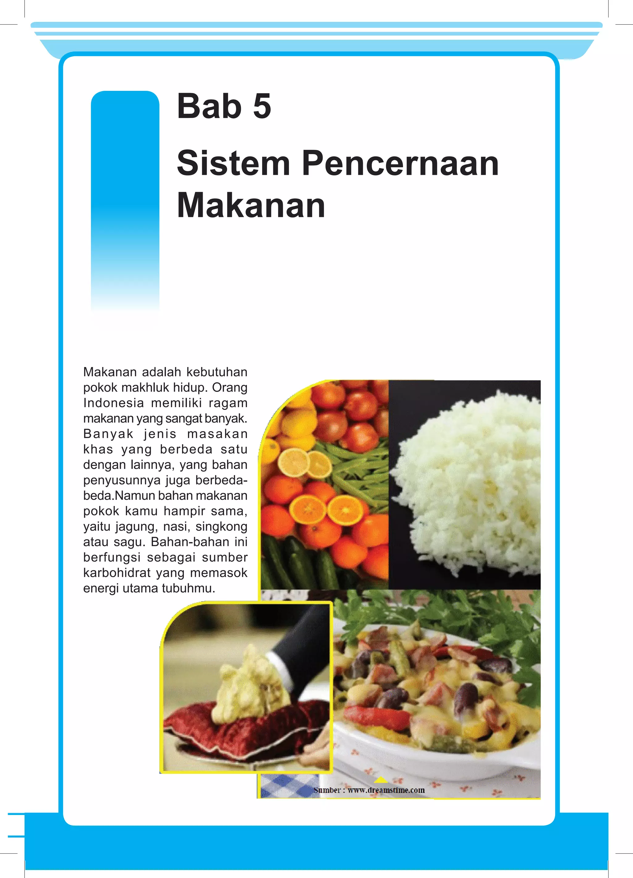 Kelas VIII SMP/MTs Semester 1136
Sistem Pencernaan
Makanan
Bab 5
Makanan adalah kebutuhan
pokok makhluk hidup. Orang
Indonesia memiliki ragam
makanan yang sangat banyak.
Banyak jenis masakan
khas yang berbeda satu
dengan lainnya, yang bahan
penyusunnya juga berbeda-
beda.Namun bahan makanan
pokok kamu hampir sama,
yaitu jagung, nasi, singkong
atau sagu. Bahan-bahan ini
berfungsi sebagai sumber
karbohidrat yang memasok
energi utama tubuhmu.
 