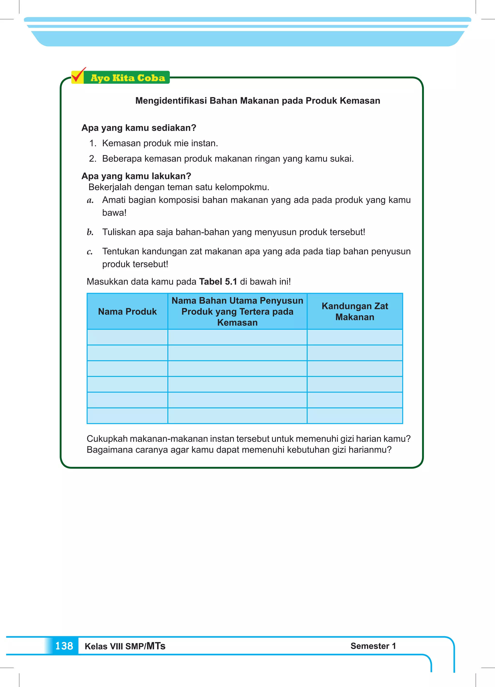 Kelas VIII SMP/MTs Semester 1138
Mengidentifikasi Bahan Makanan pada Produk Kemasan
Apa yang kamu sediakan?
1.	 Kemasan produk mie instan.
2.	 Beberapa kemasan produk makanan ringan yang kamu sukai.
Apa yang kamu lakukan?
Bekerjalah dengan teman satu kelompokmu.
a.	 Amati bagian komposisi bahan makanan yang ada pada produk yang kamu
bawa!
b.	 Tuliskan apa saja bahan-bahan yang menyusun produk tersebut!
c.	 Tentukan kandungan zat makanan apa yang ada pada tiap bahan penyusun
produk tersebut!
Masukkan data kamu pada Tabel 5.1 di bawah ini!
Nama Produk
Nama Bahan Utama Penyusun
Produk yang Tertera pada
Kemasan
Kandungan Zat
Makanan
Cukupkah makanan-makanan instan tersebut untuk memenuhi gizi harian kamu?
Bagaimana caranya agar kamu dapat memenuhi kebutuhan gizi harianmu?
 
