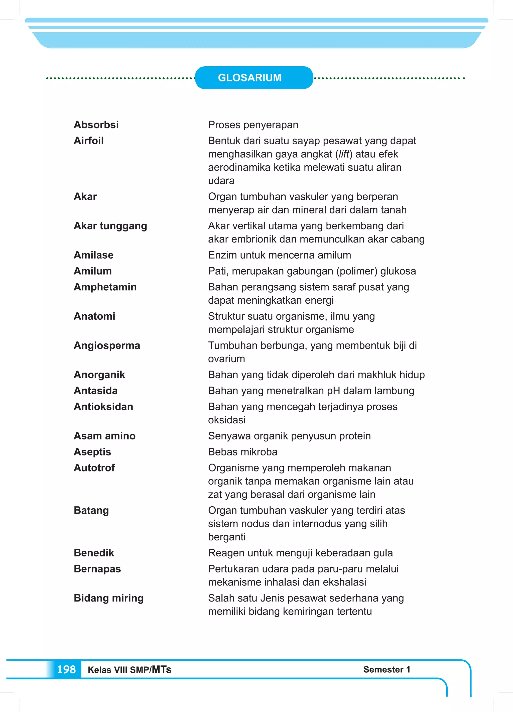 Kelas VIII SMP/MTs Semester 1198
GLOSARIUM
Absorbsi	 Proses penyerapan
Airfoil	 Bentuk dari suatu sayap pesawat yang dapat
menghasilkan gaya angkat (lift) atau efek
aerodinamika ketika melewati suatu aliran
udara
Akar	 Organ tumbuhan vaskuler yang berperan
menyerap air dan mineral dari dalam tanah
Akar tunggang	 Akar vertikal utama yang berkembang dari
akar embrionik dan memunculkan akar cabang
Amilase	 Enzim untuk mencerna amilum
Amilum	 Pati, merupakan gabungan (polimer) glukosa
Amphetamin	 Bahan perangsang sistem saraf pusat yang
dapat meningkatkan energi
Anatomi	 Struktur suatu organisme, ilmu yang
mempelajari struktur organisme
Angiosperma	 Tumbuhan berbunga, yang membentuk biji di
ovarium
Anorganik	 Bahan yang tidak diperoleh dari makhluk hidup
Antasida	 Bahan yang menetralkan pH dalam lambung
Antioksidan	 Bahan yang mencegah terjadinya proses
oksidasi
Asam amino	 Senyawa organik penyusun protein
Aseptis	 Bebas mikroba
Autotrof	 Organisme yang memperoleh makanan
organik tanpa memakan organisme lain atau
zat yang berasal dari organisme lain
Batang 	 Organ tumbuhan vaskuler yang terdiri atas
sistem nodus dan internodus yang silih
berganti
Benedik	 Reagen untuk menguji keberadaan gula
Bernapas	 Pertukaran udara pada paru-paru melalui
mekanisme inhalasi dan ekshalasi
Bidang miring	 Salah satu Jenis pesawat sederhana yang
memiliki bidang kemiringan tertentu
 
