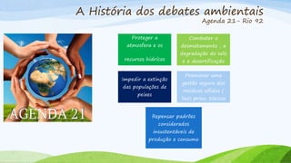 A História dos debates ambientais
Agenda 21- Rio 92
Proteger a
atmosfera e os
recursos hidrícos
Combater o
desmatamento , a
degradação do solo
e a desertificação
Impedir a extinção
das populações de
peixes
Promover uma
gestão segura dos
resíduos sólidos (
lixo) princ. tóxicos
Repensar padrões
considerados
insustentáveis de
produção e consumo
 