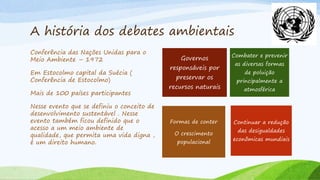 A história dos debates ambientais
Governos
responsáveis por
preservar os
recursos naturais
Combater e prevenir
as diversas formas
de poluição
principalmente a
atmosférica
Formas de conter
O crescimento
populacional
Continuar a redução
das desigualdades
econômicas mundiais
Conferência das Nações Unidas para o
Meio Ambiente – 1972
Em Estocolmo capital da Suécia (
Conferência de Estocolmo)
Mais de 100 países participantes
Nesse evento que se definiu o conceito de
desenvolvimento sustentável . Nesse
evento também ficou definido que o
acesso a um meio ambiente de
qualidade, que permita uma vida digna ,
é um direito humano.
 