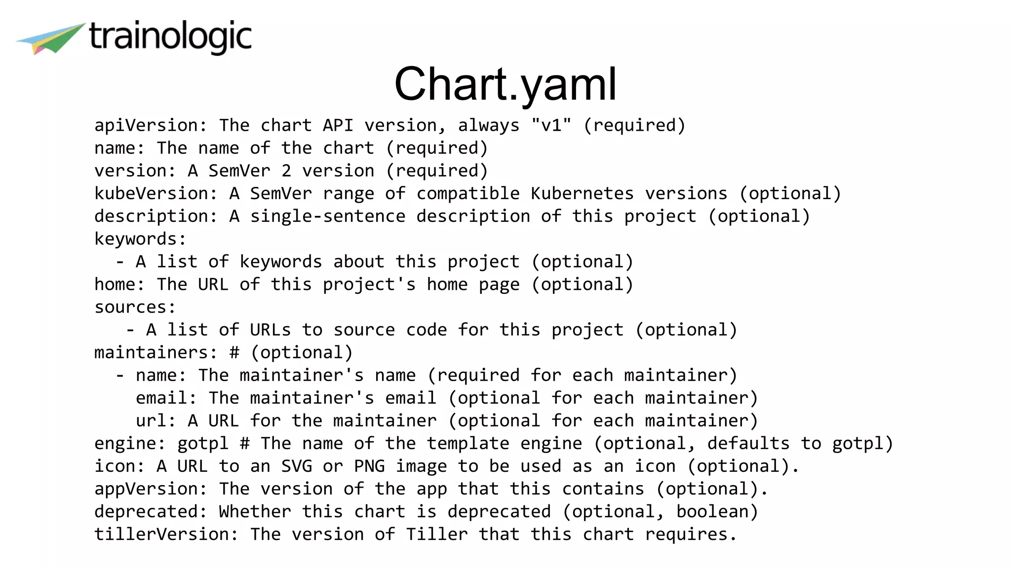 Chart.yaml
apiVersion: The chart API version, always "v1" (required)
name: The name of the chart (required)
version: A SemVer 2 version (required)
kubeVersion: A SemVer range of compatible Kubernetes versions (optional)
description: A single-sentence description of this project (optional)
keywords:
- A list of keywords about this project (optional)
home: The URL of this project's home page (optional)
sources:
- A list of URLs to source code for this project (optional)
maintainers: # (optional)
- name: The maintainer's name (required for each maintainer)
email: The maintainer's email (optional for each maintainer)
url: A URL for the maintainer (optional for each maintainer)
engine: gotpl # The name of the template engine (optional, defaults to gotpl)
icon: A URL to an SVG or PNG image to be used as an icon (optional).
appVersion: The version of the app that this contains (optional).
deprecated: Whether this chart is deprecated (optional, boolean)
tillerVersion: The version of Tiller that this chart requires.
 
