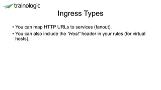 Ingress Types
• You can map HTTP URLs to services (fanout).
• You can also include the “Host” header in your rules (for virtual
hosts).
 