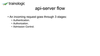 api-server flow
• An incoming request goes through 3 stages:
• Authentication.
• Authorization.
• Admission Control.
 