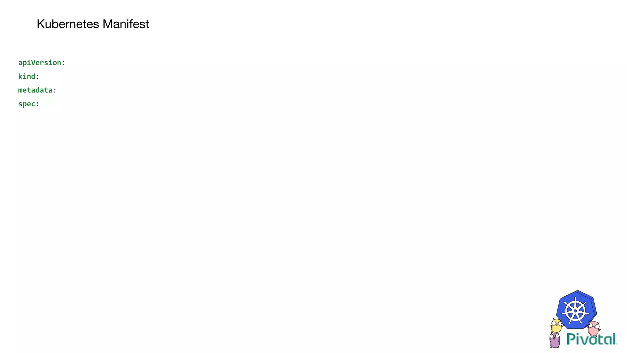 Kubernetes Manifest
apiVersion:
kind:
metadata:
spec:
 