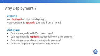 Why Deployment ?
Scenario:
You deployed an app few days ago.
Now you want to upgrade your app from v1 to v2.
Challenges:
● Can you upgrade with Zero downtime?
● Can you upgrade replicas sequentially one after another?
● Can you pause and resume upgrade process?
● Rollback upgrade to previous stable release
 