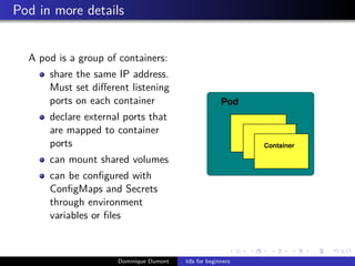 Pod in more details
A pod is a group of containers:
share the same IP address.
Must set diﬀerent listening
ports on each container
declare external ports that
are mapped to container
ports
can mount shared volumes
can be conﬁgured with
ConﬁgMaps and Secrets
through environment
variables or ﬁles
Pod
Container
Dominique Dumont k8s for beginners
 
