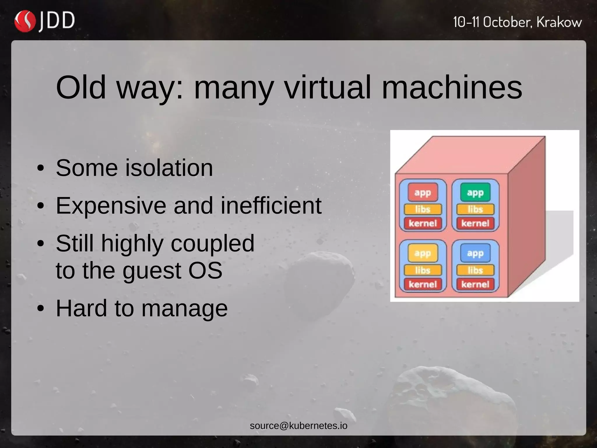 Old way: many virtual machines
● Some isolation
● Expensive and inefficient
● Still highly coupled
to the guest OS
● Hard to manage
source@kubernetes.io
 