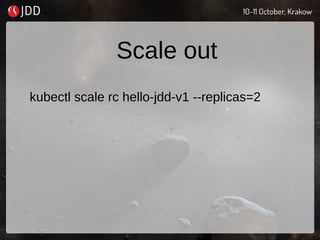 Scale out
kubectl scale rc hello-jdd-v1 --replicas=2
 