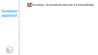Container
approach
Do nothing - let orchestrator take care of it (livenessProbe)
 