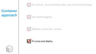 Container
approach
Do nothing - let orchestrator take care of it (livenessProbe)
Use central logging
Rollback to previous version
Fix once and deploy
 
