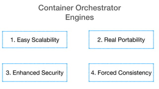 Container Orchestrator
Engines
1. Easy Scalability 2. Real Portability
3. Enhanced Security 4. Forced Consistency
 