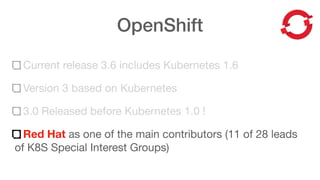 OpenShift
Current release 3.6 includes Kubernetes 1.6
Version 3 based on Kubernetes
3.0 Released before Kubernetes 1.0 !
Red Hat as one of the main contributors (11 of 28 leads
of K8S Special Interest Groups)
 