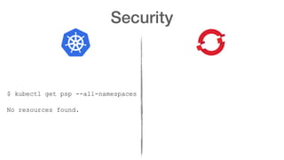 Security
$ kubectl get psp --all-namespaces
No resources found.
 