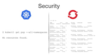 Security
$ kubectl get psp --all-namespaces
No resources found.
$ oc get scc
NAME PRIV CAPS SELINUX RUNASUSER FSGROUP
SUPGROUP PRIORITY READONLYROOTFS VOLUMES
anyuid false [] MustRunAs RunAsAny RunAsAny
RunAsAny 10 false [configMap downwardAPI emptyDir
persistentVolumeClaim secret]
hostaccess false [] MustRunAs MustRunAsRange MustRunAs
RunAsAny <none> false [configMap downwardAPI emptyDir hostPath
persistentVolumeClaim secret]
hostmount-anyuid false [] MustRunAs RunAsAny RunAsAny
RunAsAny <none> false [configMap downwardAPI emptyDir hostPath nfs
persistentVolumeClaim secret]
hostnetwork false [] MustRunAs MustRunAsRange MustRunAs
MustRunAs <none> false [configMap downwardAPI emptyDir
persistentVolumeClaim secret]
nonroot false [] MustRunAs MustRunAsNonRoot RunAsAny
RunAsAny <none> false [configMap downwardAPI emptyDir
persistentVolumeClaim secret]
privileged true [*] RunAsAny RunAsAny RunAsAny
RunAsAny <none> false [*]
restricted false [] MustRunAs MustRunAsRange MustRunAs
RunAsAny <none> false [configMap downwardAPI emptyDir
 