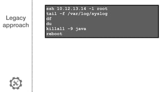 Legacy
approach
ssh 10.12.13.14 -l root
tail -f /var/log/syslog
df
du
killall -9 java
reboot
 