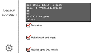 Legacy
approach
ssh 10.12.13.14 -l root
tail -f /var/log/syslog
df
du
killall -9 java
reboot
Dirty tricks

Make it work and forget

Now it’s up to Dev to ﬁx it
 