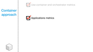 Container
approach
Use container and orchestrator metrics
Applications metrics
 