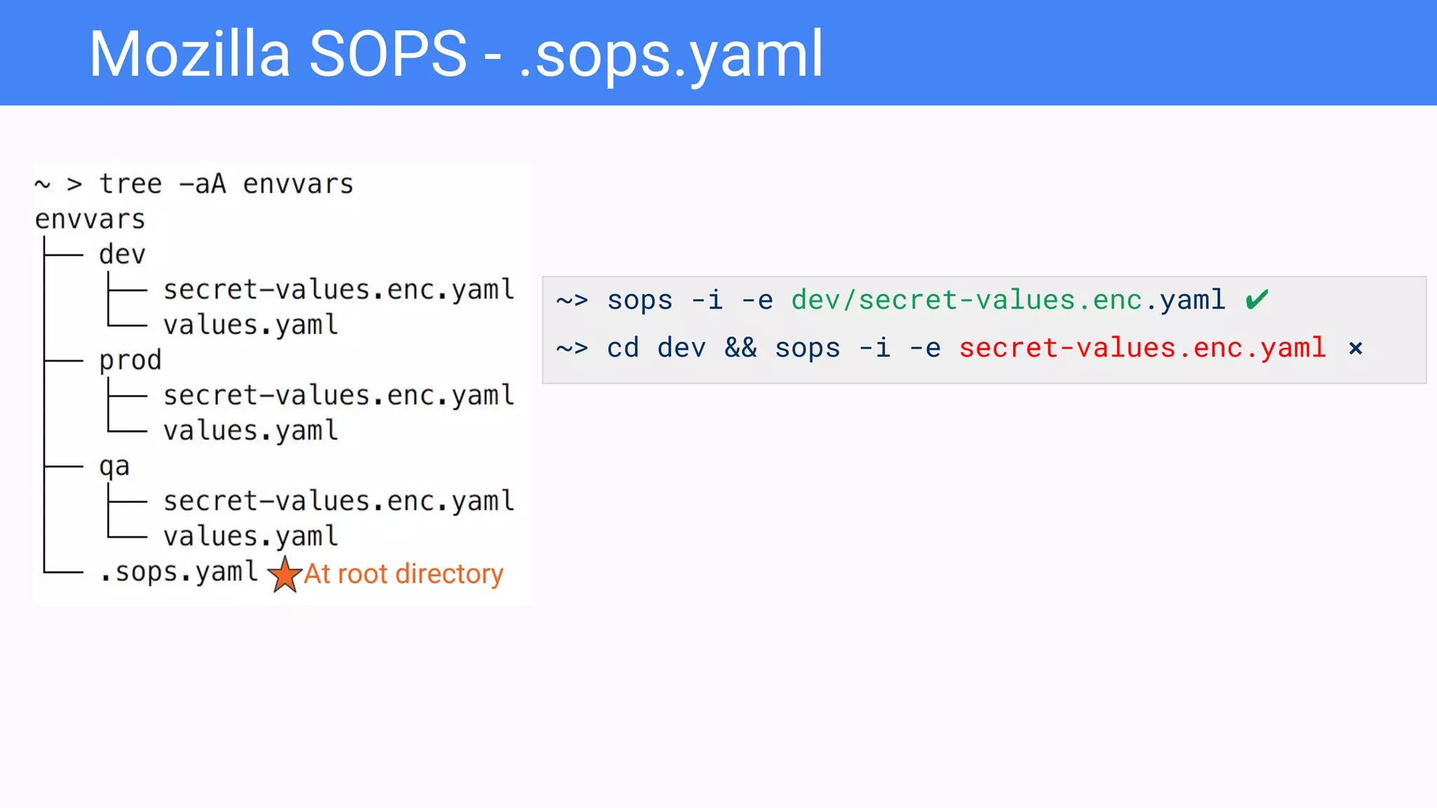 Mozilla SOPS - .sops.yaml
At root directory
~> sops -i -e dev/secret-values.enc.yaml ✔
~> cd dev && sops -i -e secret-values.enc.yaml ❌
 