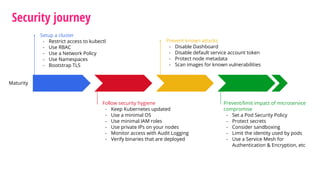 Security journey
Maturity
Setup a cluster
- Restrict access to kubectl
- Use RBAC
- Use a Network Policy
- Use Namespaces
- Bootstrap TLS
Prevent known attacks
- Disable Dashboard
- Disable default service account token
- Protect node metadata
- Scan images for known vulnerabilities
Follow security hygiene
- Keep Kubernetes updated
- Use a minimal OS
- Use minimal IAM roles
- Use private IPs on your nodes
- Monitor access with Audit Logging
- Verify binaries that are deployed
Prevent/limit impact of microservice
compromise
- Set a Pod Security Policy
- Protect secrets
- Consider sandboxing
- Limit the identity used by pods
- Use a Service Mesh for
Authentication & Encryption, etc
 